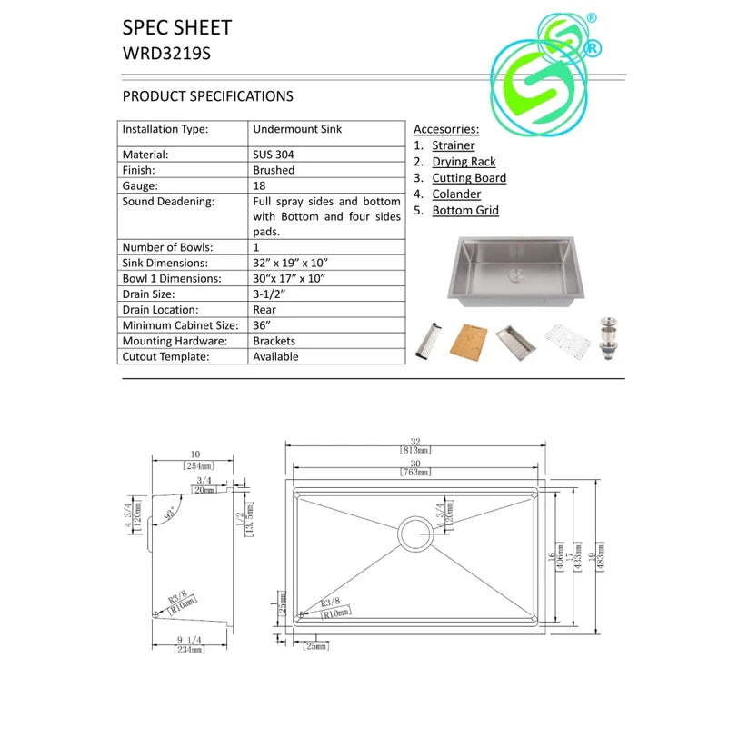 Workstation Under-Mount Single Bowl Sink (32'' x 19'' x 10'')